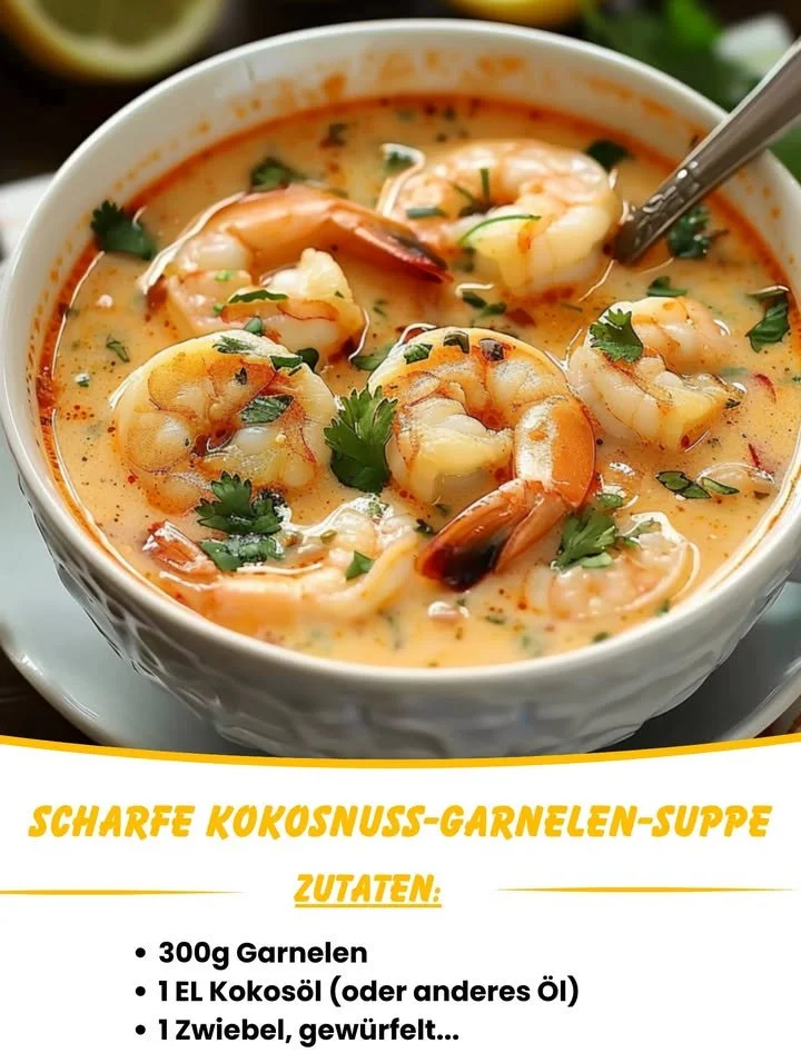 Scharfe Kokosnuss-Garnelen-Suppe mit frischen Garnelen und aromatischen Kräutern