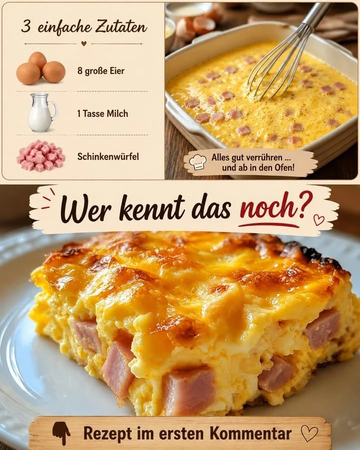 Schinken-Käse-Eierauflauf frisch aus dem Ofen, serviert in einer Auflaufform.