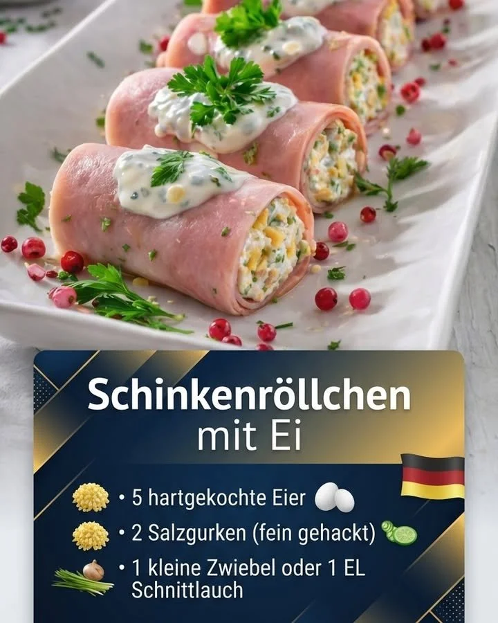 Schinkenröllchen mit Ei auf einem weißen Teller serviert