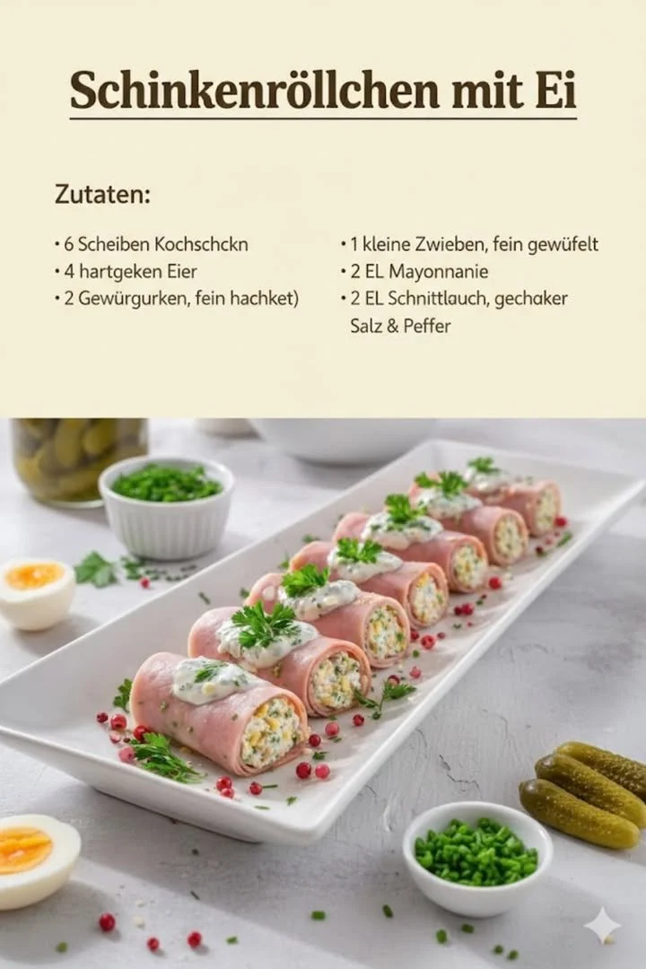 Leckere Schinkenröllchen mit Ei auf einem Teller serviert