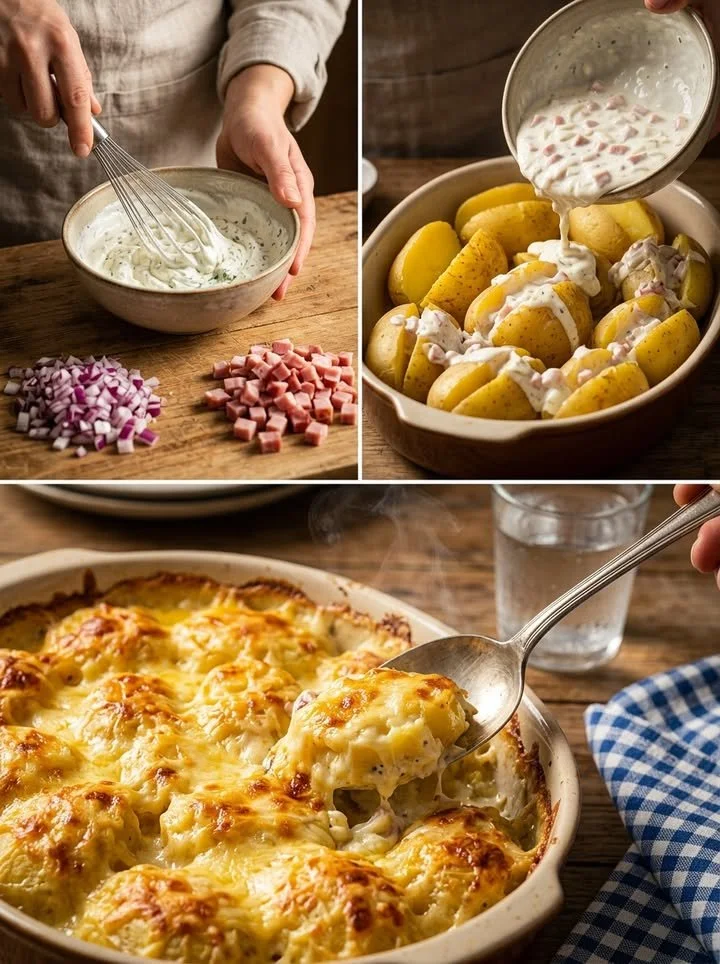 Leckere Schmandkartoffeln in einer Schüssel serviert