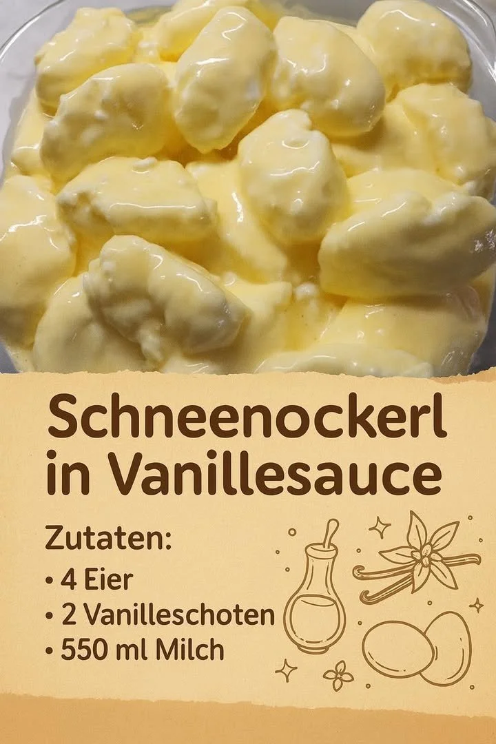 Schneenockerl serviert in cremiger Vanillesauce