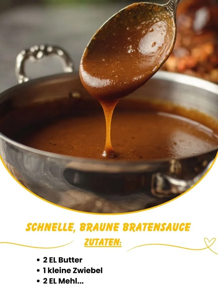 Schüsseln mit brauner Bratensauce, die schnell und einfach wie bei Oma zubereitet wird.