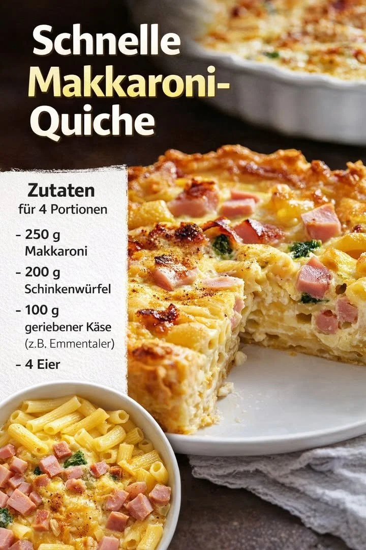 Schnelle Makkaroni-Quiche frisch aus dem Ofen, serviert auf einem Teller.