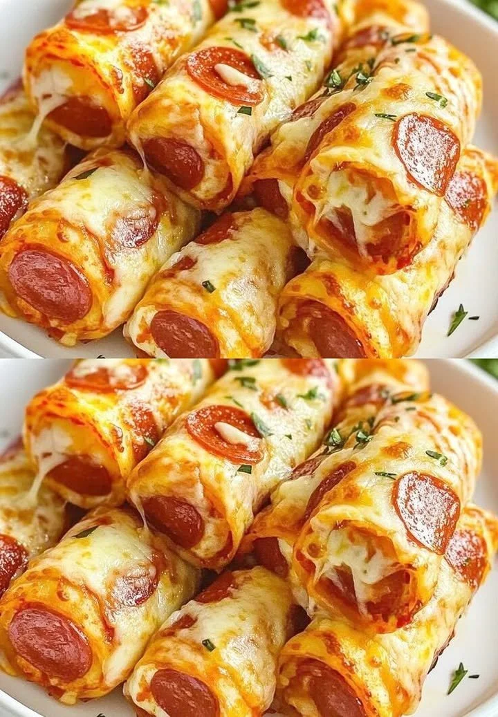Schnelle Pizzarollen aus dem Ofen mit Käse und Salami auf einem Teller