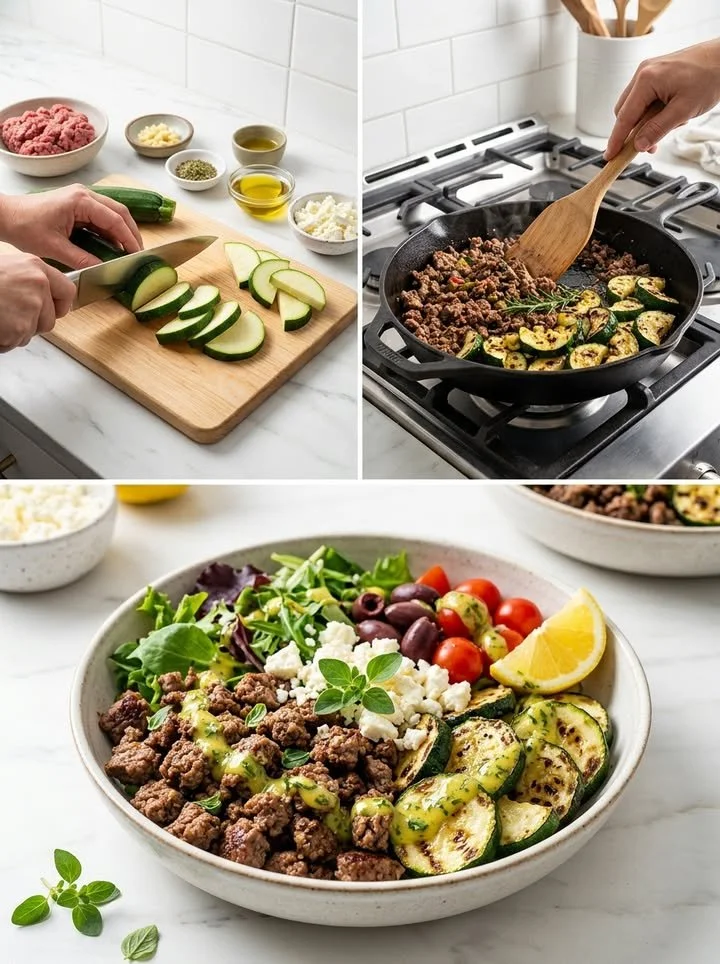 Schnelle Zucchini-Rindfleisch Bowl mit frischen Zutaten auf einem Teller