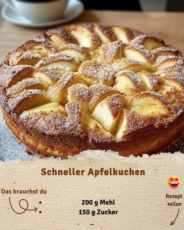 Schneller Apfelkuchen mit frischen Äpfeln auf einem rustikalen Holztablett