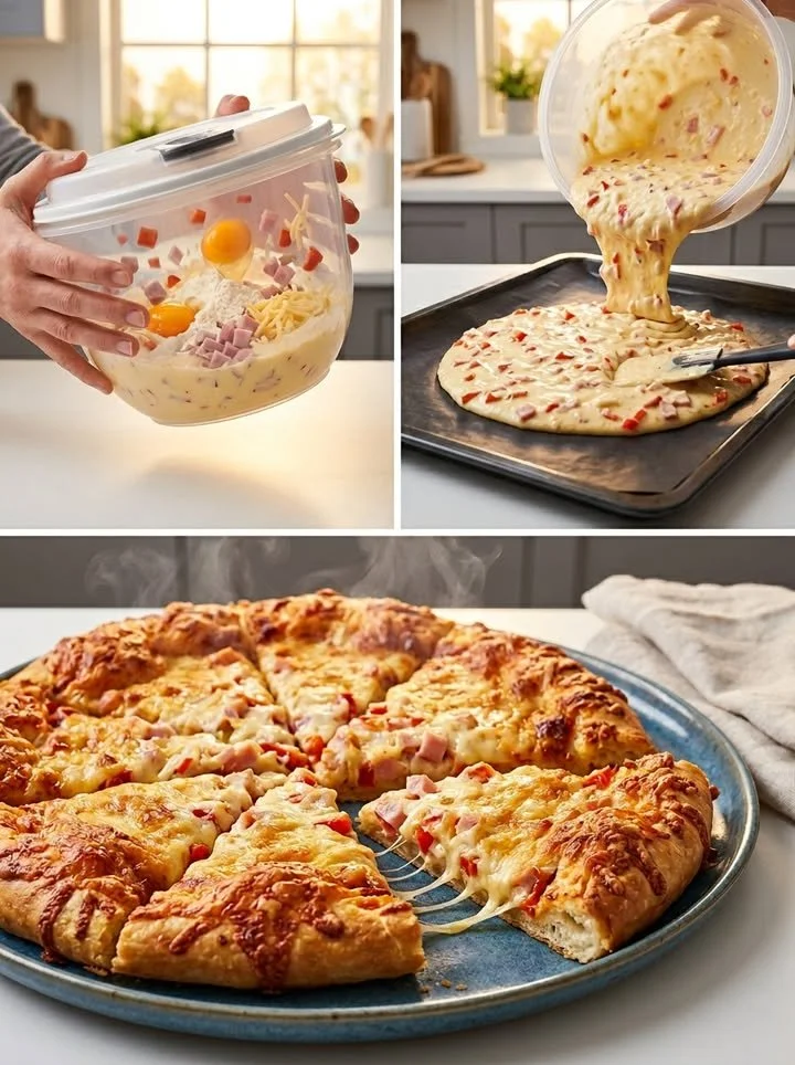 Schnellste Schüttelpizza der Welt mit frischen Zutaten auf einem Backblech.