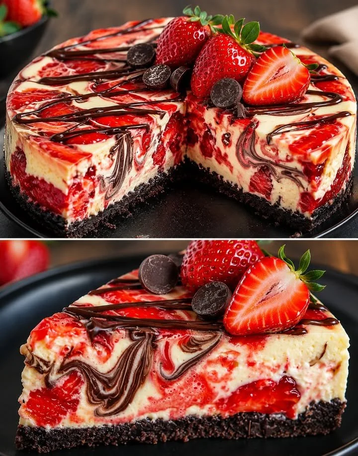Schoko Erdbeer Käsekuchen mit frischen Erdbeeren und Schokoladencreme