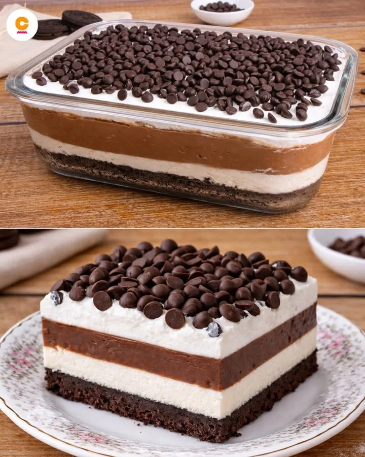 Schokoladenlasagne ohne Backen in einer eleganten Präsentation.