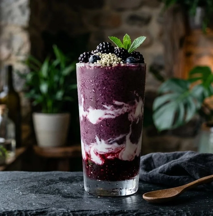 Schwarze Johannisbeere-Beta-Milch-Smoothie in einem Glas mit frischen Beeren