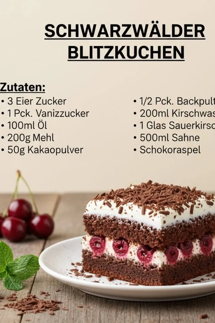 Schwarzwälder Blechkuchen auf einem Teller, dekoriert mit Sahne und Kirschen.