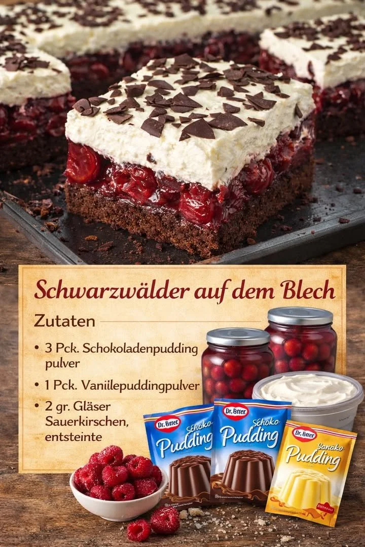 Schwarzwälder Blechkuchen mit Schokolade und Kirschen auf einem Blech