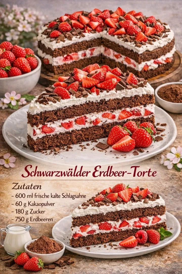 Schwarzwälder Erdbeer-Torte mit frischen Erdbeeren und Schokoladenbiskuit