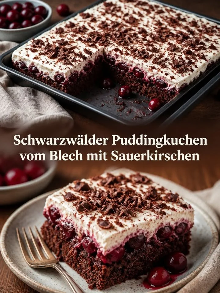 Schwarzwälder Puddingkuchen vom Blech mit Sauerkirschen auf einem Teller