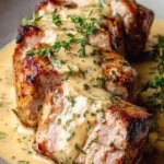 Schweinefilet Dijon Creme in einer köstlichen Senfsoße serviert auf einem Teller