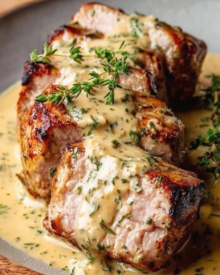 Schweinefilet Dijon Creme in einer köstlichen Senfsoße serviert auf einem Teller