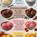 Selbstgemachte Eiscremes in verschiedenen Geschmacksrichtungen: Vanille, Schokolade, Erdbeere, Mango