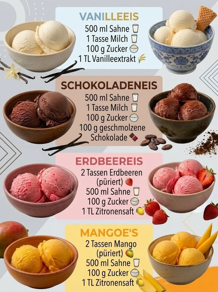 Selbstgemachte Eiscremes in verschiedenen Geschmacksrichtungen: Vanille, Schokolade, Erdbeere, Mango
