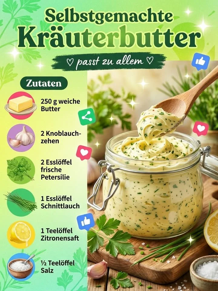 Selbstgemachte Kräuterbutter mit frischen Kräutern auf einem servierbaren Teller.