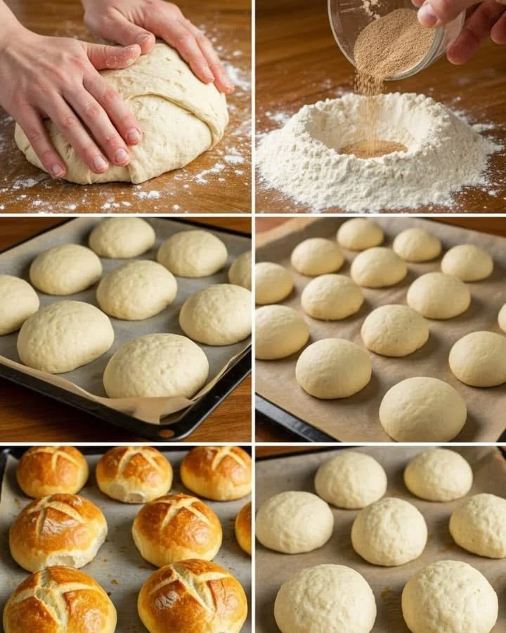Selbstgemachte weiche Brötchen auf einem Holzbrett mit frischen Zutaten