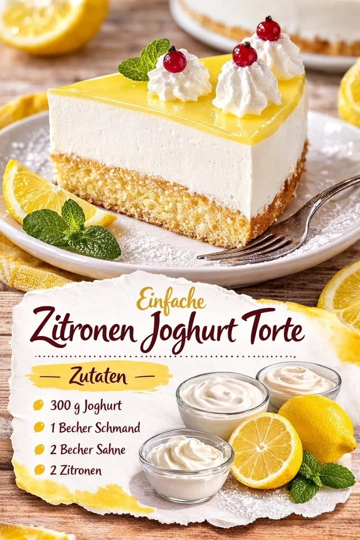Saftiger Lemon Yogurt Cake auf einem Teller mit Zitronen