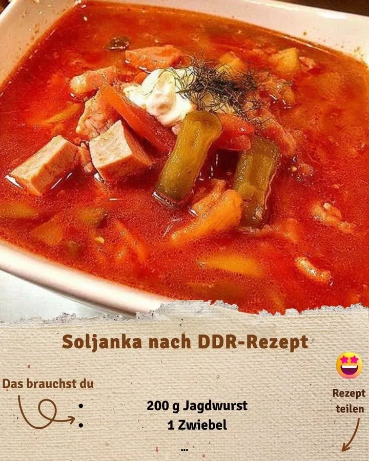 Teller Soljanka nach GDR Rezept, ein herzhaftes traditionelles Gericht