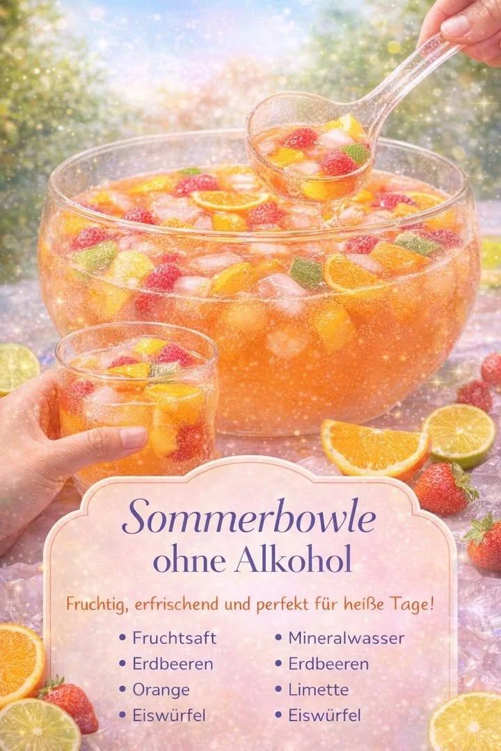 Erfrischende, alkoholfreie Sommerbowle in einer dekorativen Schüssel