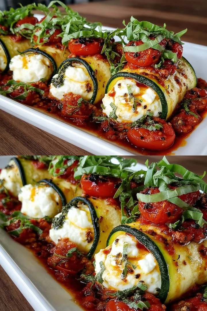 Sommerliche Zucchini-Rollen mit frischem Gemüse und Kräutern