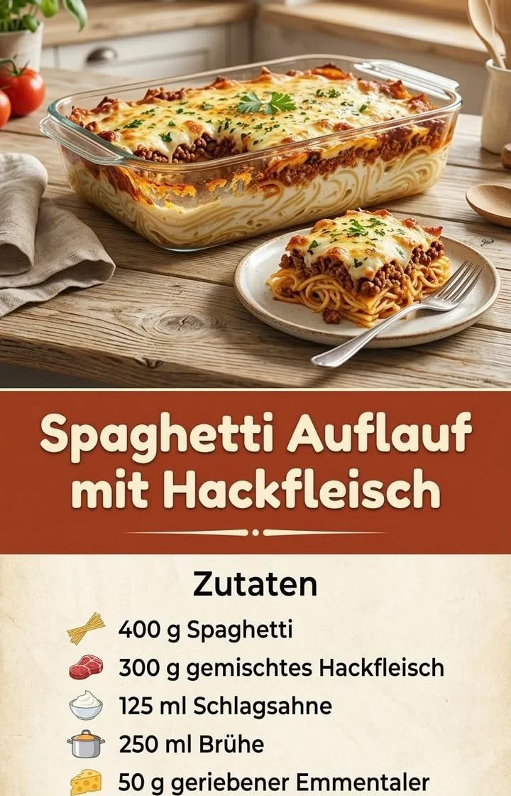 Spaghetti Auflauf mit Hackfleisch in einer goldbraunen Auflaufform