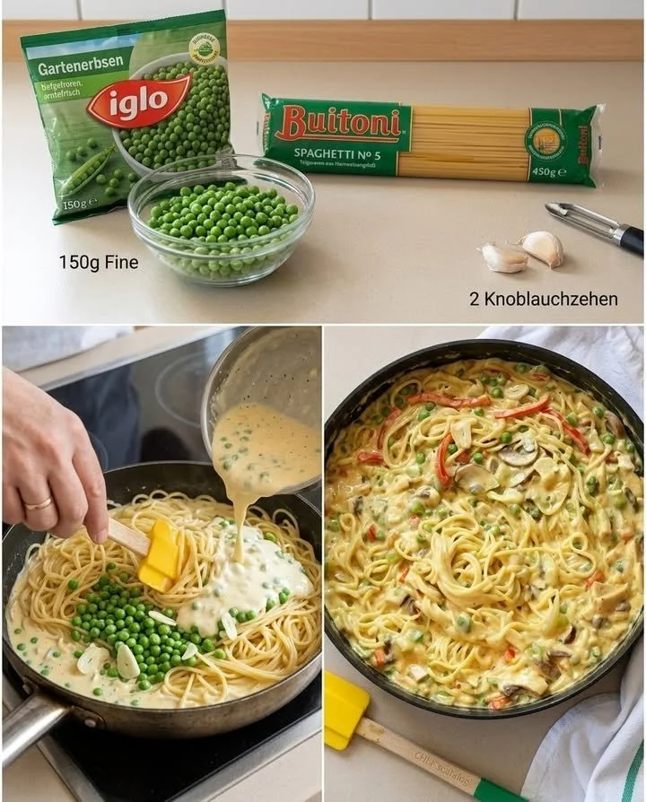 Spaghetti mit Käse-Sahnesoße, Schinken und Pilzen auf einem Teller angerichtet