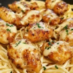 Spaghetti Hähnchen in Parmesan-Knoblauchsauce auf einem Teller serviert