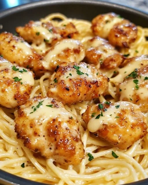 Spaghetti Hähnchen in Parmesan-Knoblauchsauce auf einem Teller serviert
