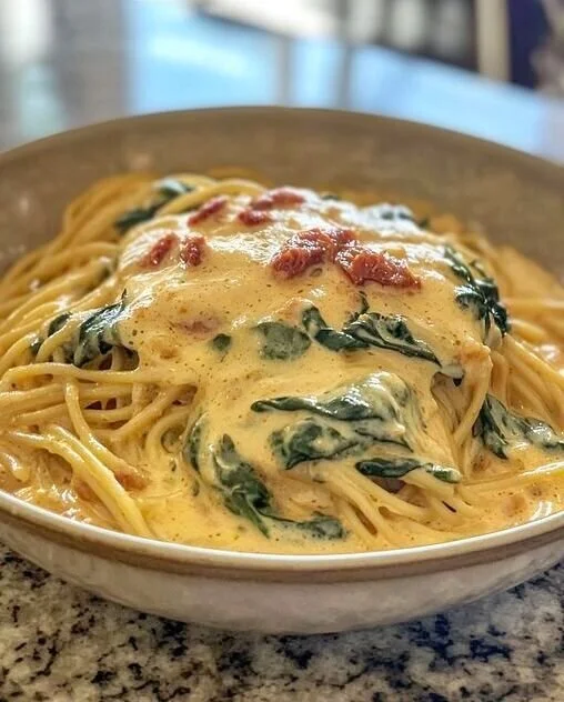 Spaghetti mit einer cremigen Spinat-Frischkäse-Sauce auf einem Teller serviert.