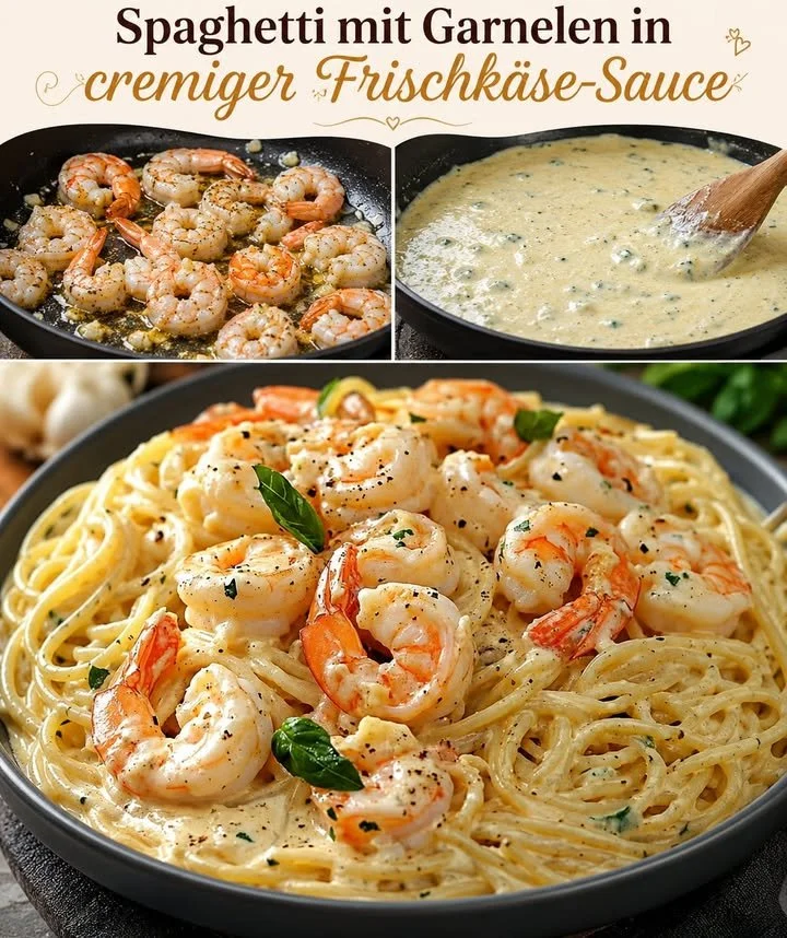Spaghetti mit Garnelen in einer cremigen Frischkäse-Sauce auf einem Teller
