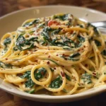 Spaghetti mit cremiger Spinat-Käse-Sauce auf einem Teller serviert