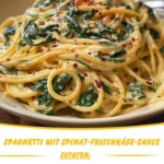 Spaghetti mit Spinat und Frischkäse-Sauce auf einem Teller serviert