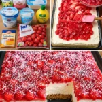 Leckerer Spaghettieis Blechkuchen mit Erdbeeren serviert auf einem Teller.