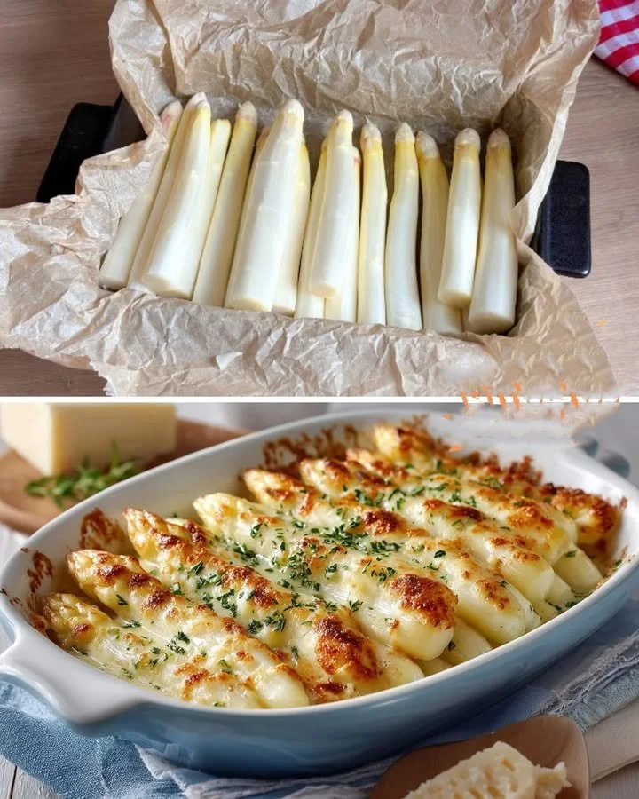 Gekochter Spargel aus dem Ofen auf einem Teller serviert