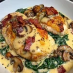 Spinat Hühnchen mit Champignons auf einem Teller serviert
