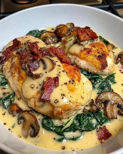 Spinat Hühnchen mit Champignons auf einem Teller serviert
