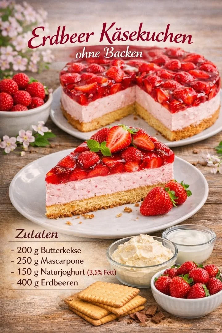Leckerer Erdbeer-Käsekuchen ohne Backen mit frischen Erdbeeren