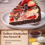 Leckerer Strawberry Cheesecake ohne Backen, garniert mit frischen Erdbeeren