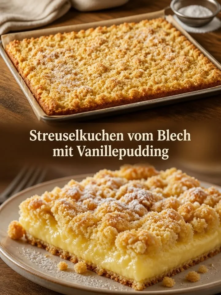 Streuselkuchen vom Blech mit Vanillepudding auf einem Backblech angerichtet