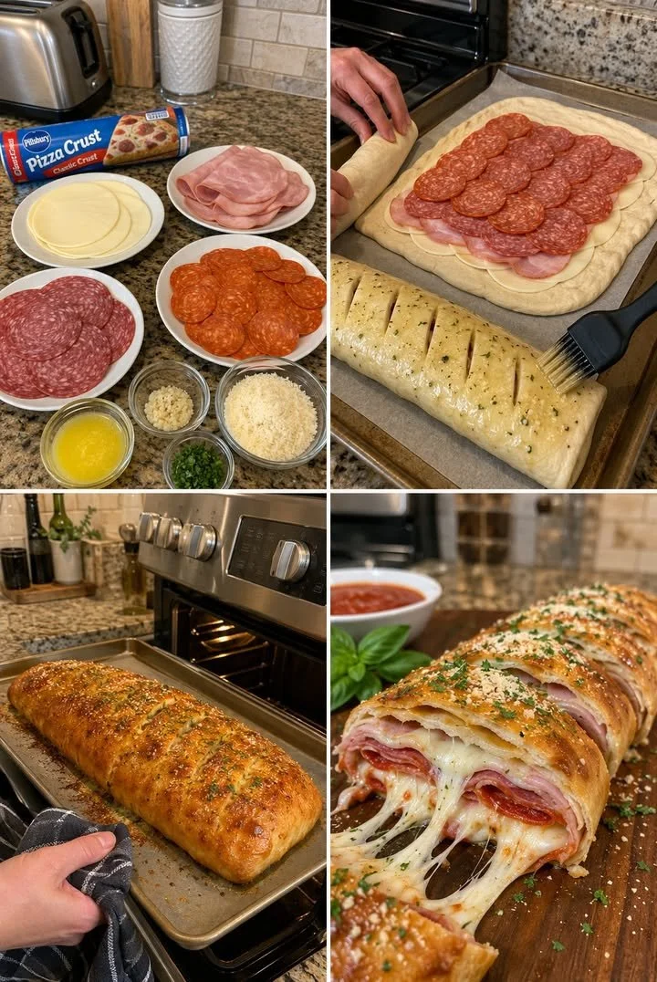 Leckeres selbstgemachtes Stromboli mit verschiedenen Füllungen auf einem Tisch.