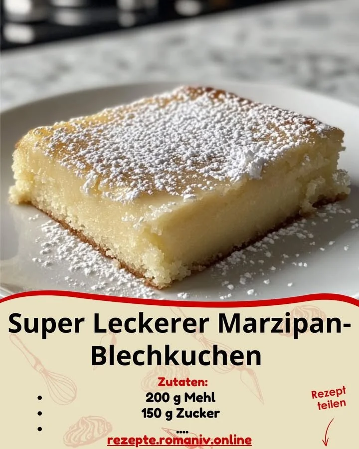 Leckerer Marzipan-Blechkuchen auf einem Teller serviert
