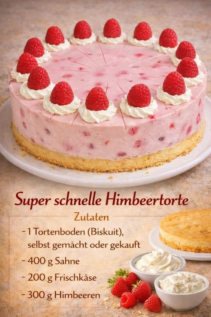 Super schnelle Himbeertorte mit frischen Himbeeren und cremigem Belag