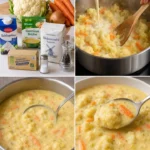 Schüssel mit superschneller Blumenkohlsuppe auf einem Holztisch.