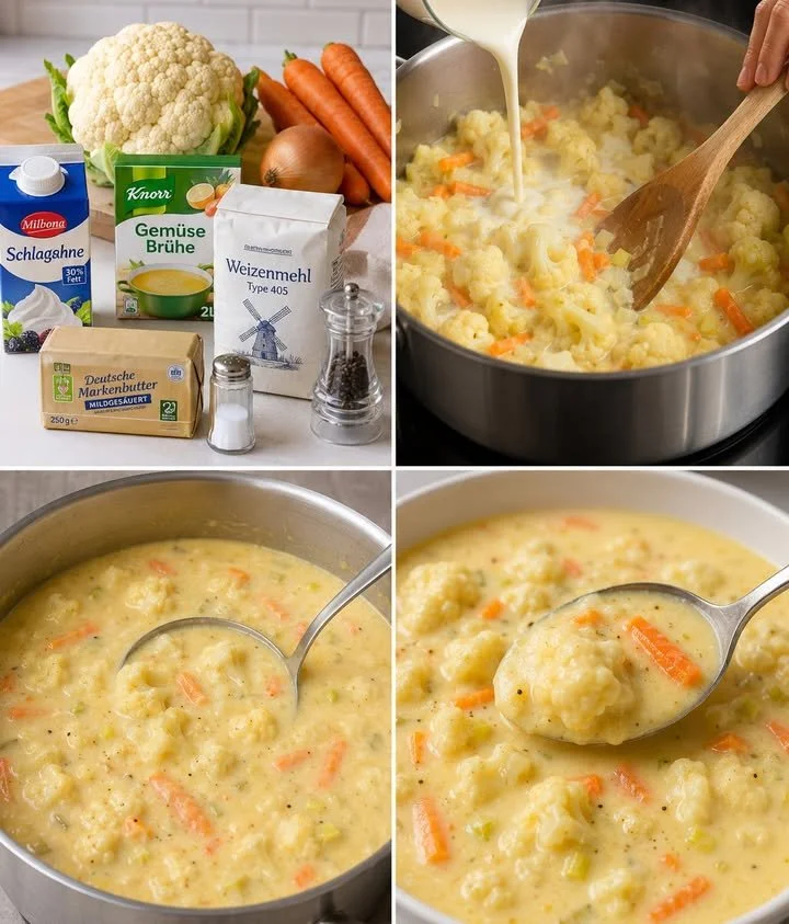 Schüssel mit superschneller Blumenkohlsuppe auf einem Holztisch.