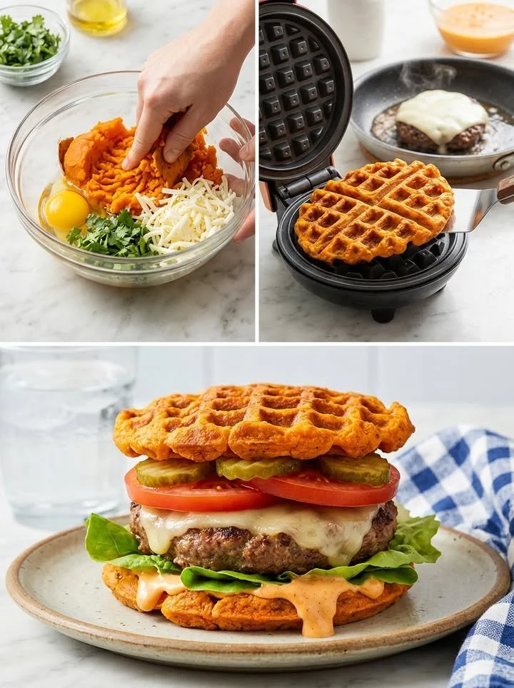 Leckere Süßkartoffel-Waffel-Burger mit frischen Zutaten serviert